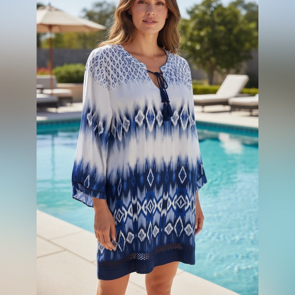Cupcakes & Cashmere Navy Blue White Dress Swim Cover-Up Women's Small